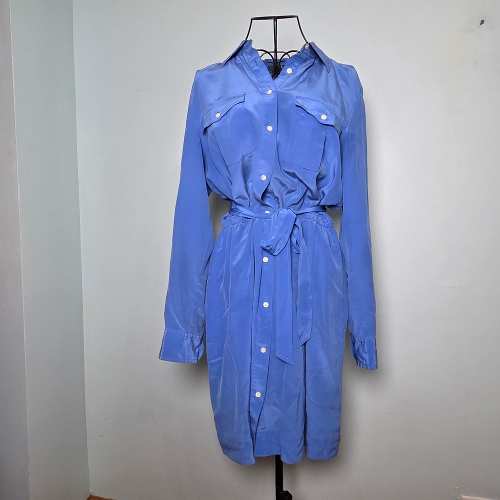Lauren Ralph Lauren Blue Silk Shirt Dress Belted Size 10